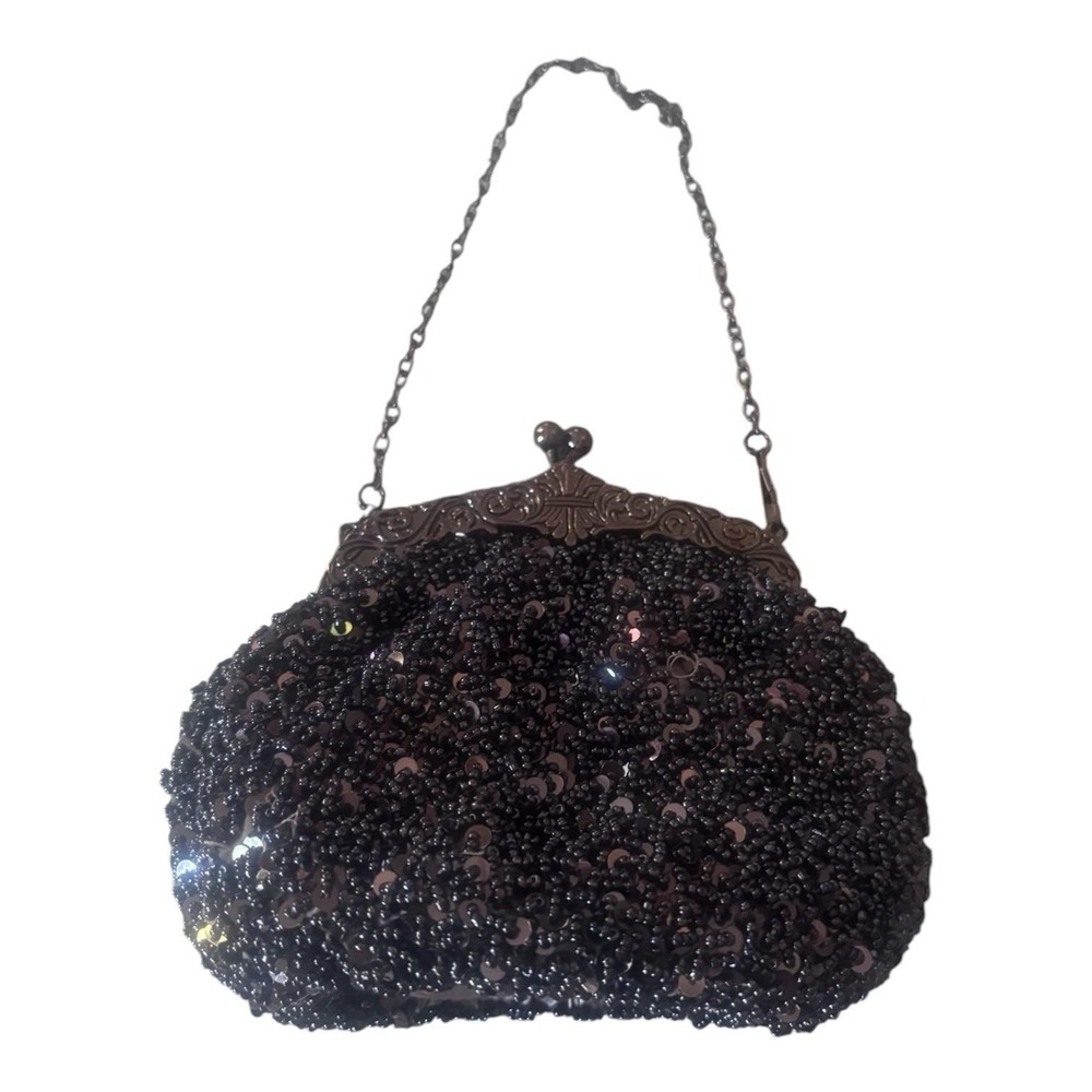 Flapper Inspired Black Sequin Beaded Evening Bag Elegant Bling
